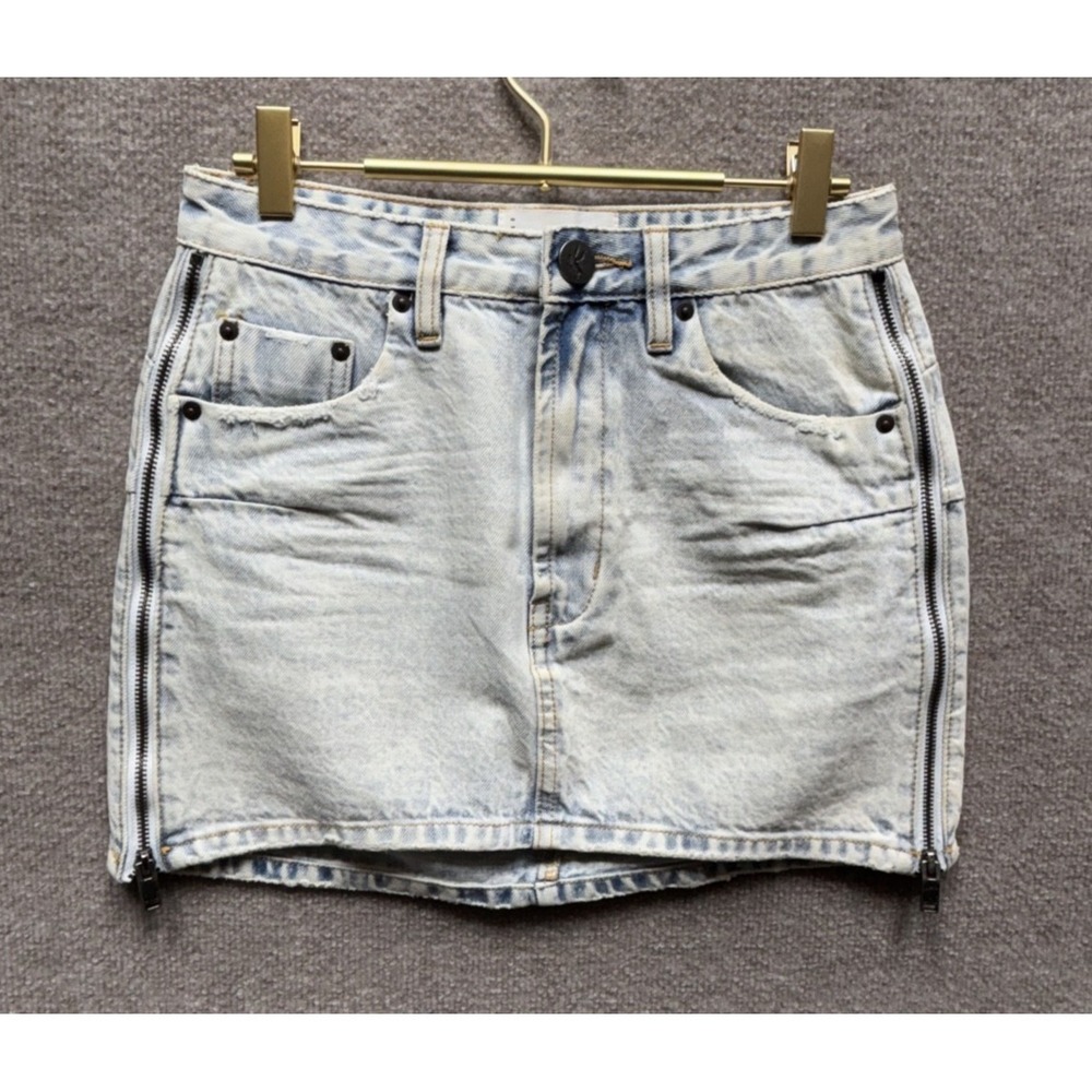 One Teaspoon Denim Jean Skirt Side Zip Mid Rise Women 25 Blue Light Acid 14" EUC